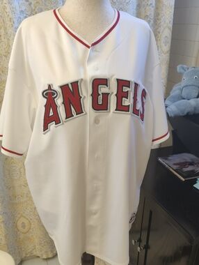 Wonderful Condition.White Angels Baseball Jersey with Red and Navy Logo Patch